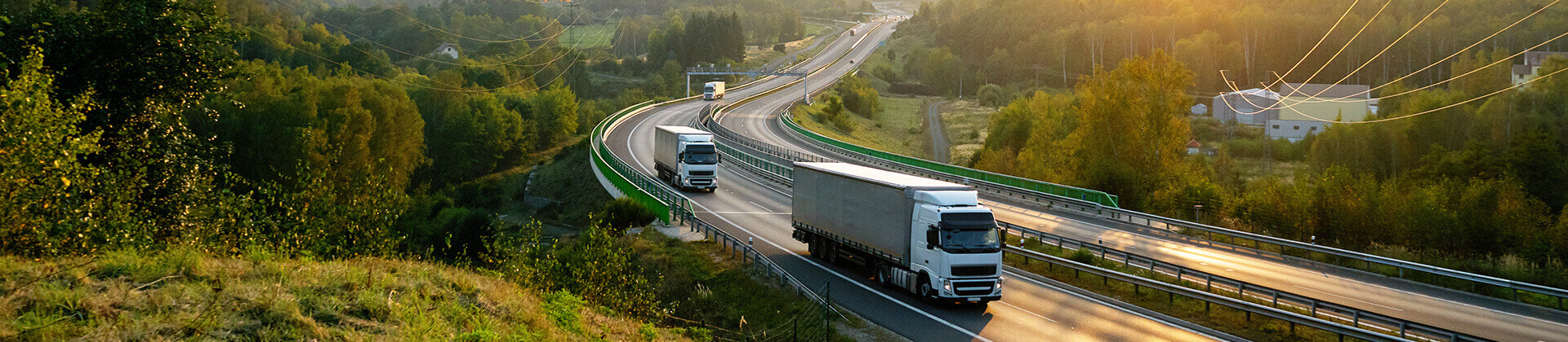 Two lorries driving on a motorway surrounded by green forests at dusk.