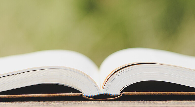 Aufgeschlagenes Buch vor Naturhintergrund